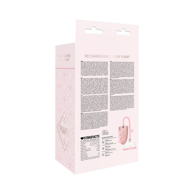 Packaging box of a rechargeable pink pussy pump with product details and usage instructions in multiple languages.