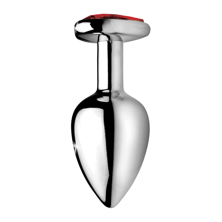 Medium-sized polished metal anal plug with a red heart-shaped gem on the base, smooth and tapered design.