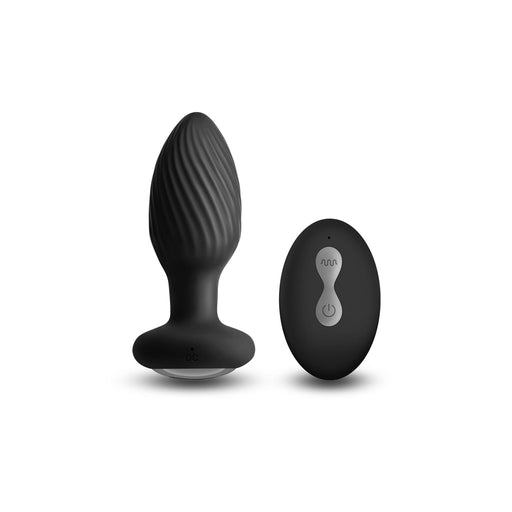 Black textured silicone butt plug with a matching oval remote control on a white background.