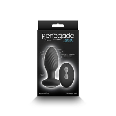 Renegade Alpine Black gyrating and vibrating plug with remote control in black packaging showing actual size and features.