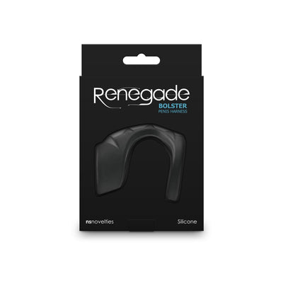 Black silicone Renegade Bolster penis harness in black retail packaging with white and blue text.