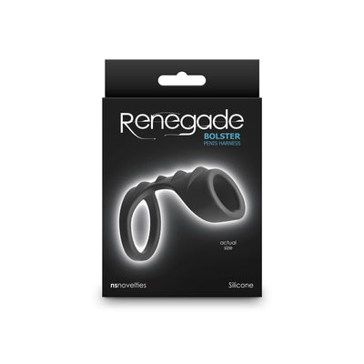Packaging of Renegade Bolster black silicone penis harness showing product image and branding on a black box.