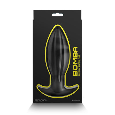 Black Renegade Bomba silicone anal plug in sleek packaging with yellow outline and branding details.