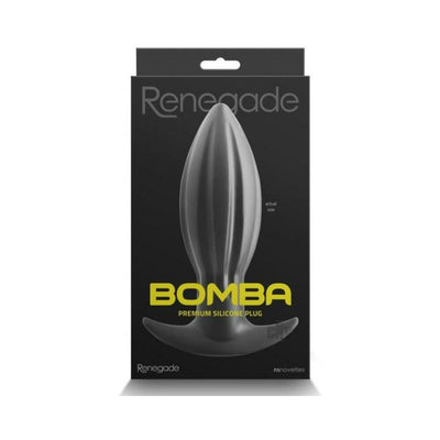 Black Renegade Bomba premium silicone anal plug displayed on its packaging box.