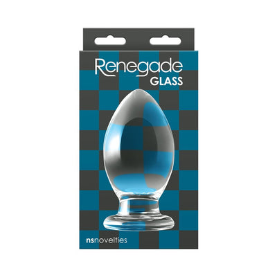 Clear glass bishop-shaped anal plug displayed in front of blue and black checkered Renegade Glass packaging.