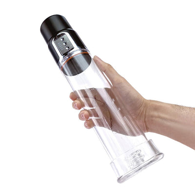 Hand holding a clear cylindrical rechargeable pump with black top and control buttons.
