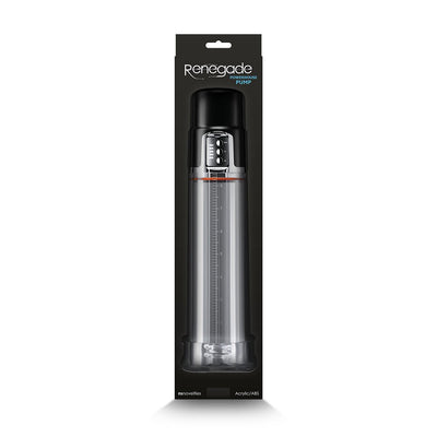 Renegade Powerhouse Pump in black with clear measurement tube in black packaging, USB rechargeable design.
