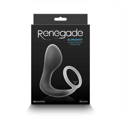 Packaging of Renegade Slingshot black silicone wearable cock ring and prostate stimulator shown at actual size.