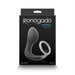 Packaging of Renegade Slingshot black silicone wearable cock ring and prostate stimulator shown at actual size.