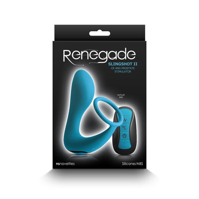 Teal Renegade Slingshot II prostate and cock ring stimulator with remote control in black and teal packaging.