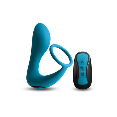 Teal silicone dual-stimulation prostate massager with cock ring and black remote control on white background.