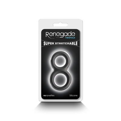 Renegade Twofold Black super stretchable silicone ring in black packaging by ns novelties.