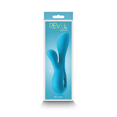 Blue dual stimulator with ergonomic design displayed on Revel Galaxy packaging box.