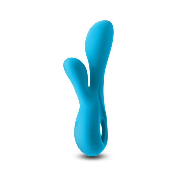 Blue dual-stimulator with ergonomic design and smooth silicone finish, featuring two flexible arms and a looped handle.