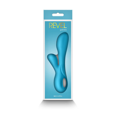 Blue dual stimulator with ergonomic design shown in sleek retail packaging by Revel Galaxy.