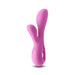 Pink dual stimulator with ergonomic design and soft silicone finish, featuring two flexible arms and a looped handle.