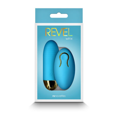 Blue Revel Winx insertable remote bullet with gold accents in retail packaging by NS Novelties