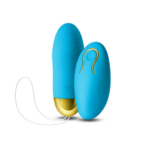 Blue silicone insertable bullet vibrator with gold accents and matching wireless remote control on white background.