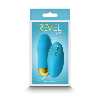 Blue Revel Winx insertable remote bullet vibrator with gold accents in retail packaging.