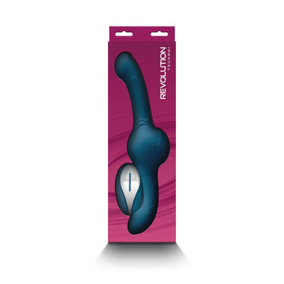 Teal flexible personal massager with rotating motor shown in purple packaging labeled Revolution Tsunami.