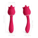 Red rose-shaped clit licking vibrator and G-spot massager with detailed size measurements shown.