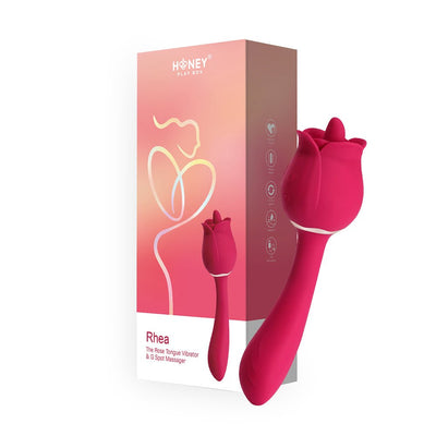 Red rose-shaped clit tongue licking vibrator and G-spot massager with packaging box.