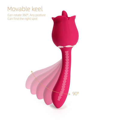 Red rose-shaped vibrator with a flexible neck that rotates 90 degrees for customizable positioning.