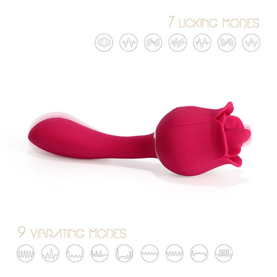 Red rose-shaped clit licking vibrator and curved G-spot massager with 7 licking and 9 vibrating modes shown on white background.