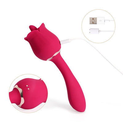 Red rose-shaped vibrator and G-spot massager with USB charging cable and close-up of charging port.