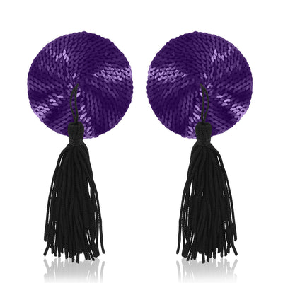 Purple sequin pasties with long black tassels, designed for playful and bold style.