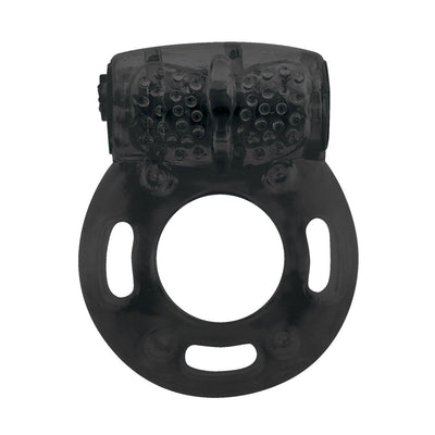 Black vibrating penis ring with textured surface and flexible elastomer material for enhanced pleasure.