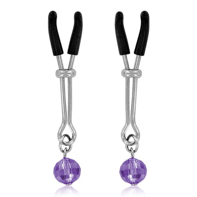 Adjustable stainless steel nipple clamps with black tips and purple decorative stones.