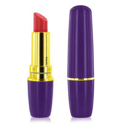 Purple and gold lipstick-style vibrator with red tip, shown open and closed.