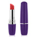 Purple lipstick-shaped discreet vibrator with a red tip and matching cap shown side by side on white background.