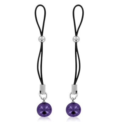 Pair of adjustable black loop nipple clamps with purple bead accents and silver hardware details.