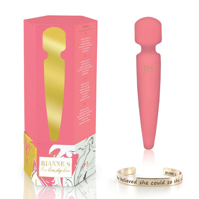 Pink Rianne S Bella Mini Body Wand with gold logo, matching pink and gold packaging, and motivational engraved bracelet.