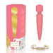 Pink Rianne S Bella Mini Body Wand with gold logo, matching pink and gold packaging, and motivational engraved bracelet.