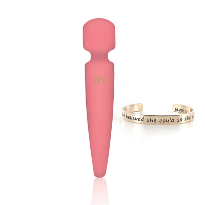 Compact French rose pink mini body wand vibrator with smooth silicone finish and motivational engraved metal bracelet accessory.