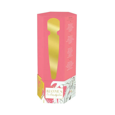 Pink and gold packaging of the Rianne S Bella Mini Body Wand vibrator with elegant design details.