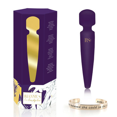 Purple mini body wand vibrator with gold RS logo, elegant packaging, and motivational silver bracelet accessory.