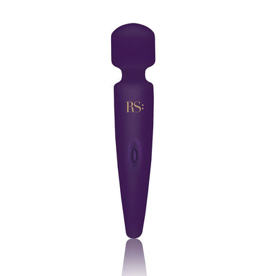 Compact purple mini body wand vibrator with sleek design and single button control, featuring RS logo.