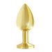 Gold plated metal butt plug with a smooth tapered shape and flat base, designed for comfortable wear and easy removal.