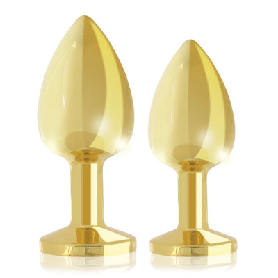Set of two gold-plated metal butt plugs with tapered tips and flat bases in different sizes.