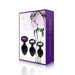 Rianne S black silicone booty plug set with three sizes, each featuring a gem-like stone on the base in purple, lavender, and clear.