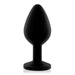 Black silicone tapered butt plug with flared base and smooth matte finish.