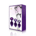 Rianne S purple silicone booty plug set with three sizes and jeweled bases displayed on elegant packaging.