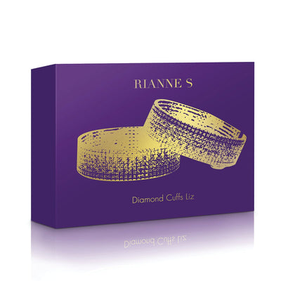 Purple and gold Rianne S Diamond Liz handcuffs packaging box with elegant bracelet illustration.