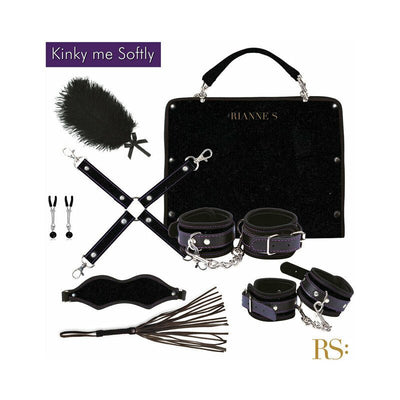 Rianne S Kinky Me Softly black bondage kit with cuffs, blindfold, feather tickler, nipple clamps, whip, and carrying bag.