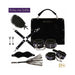 Rianne S Kinky Me Softly black bondage kit with cuffs, blindfold, feather tickler, nipple clamps, whip, and carrying bag.