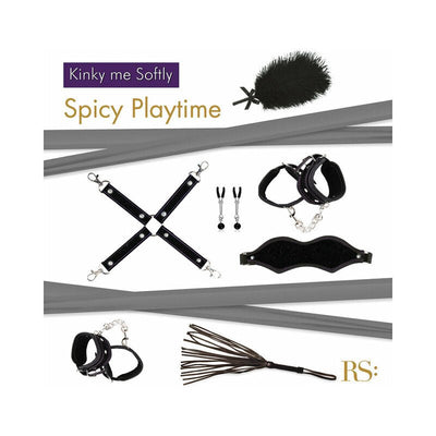 Black bondage kit with cuffs, cross straps, blindfold, feather tickler, nipple clamps, and soft whip for sensual play.